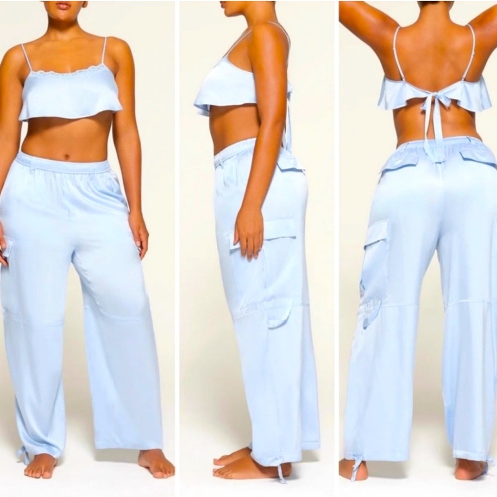 SKIMS Bridal Silk Cropped Top Glacier Blue Tie Back L Excellent